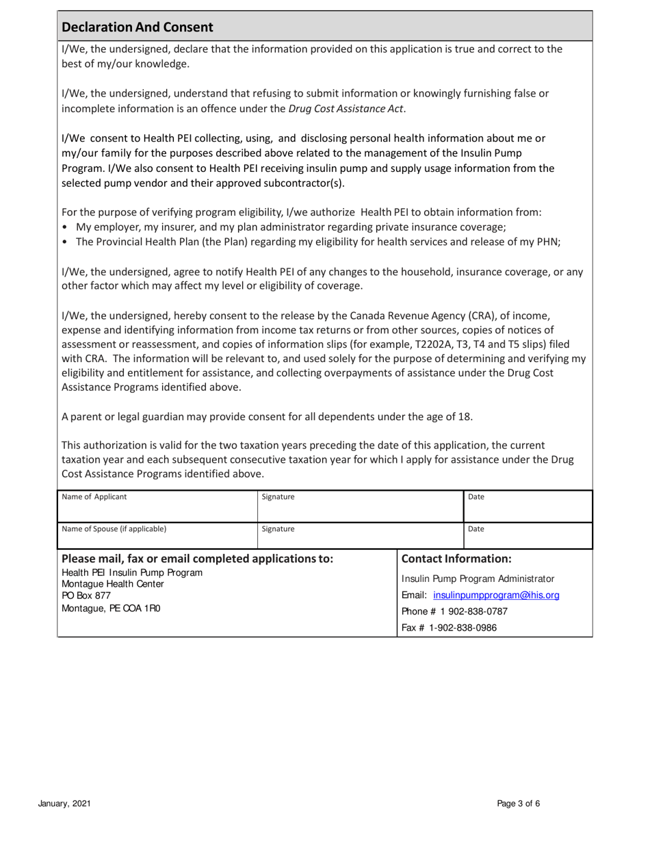Client / Family Contribution Assessment  Release of Information - Pei Insulin Pump Program - Prince Edward Island, Canada, Page 3