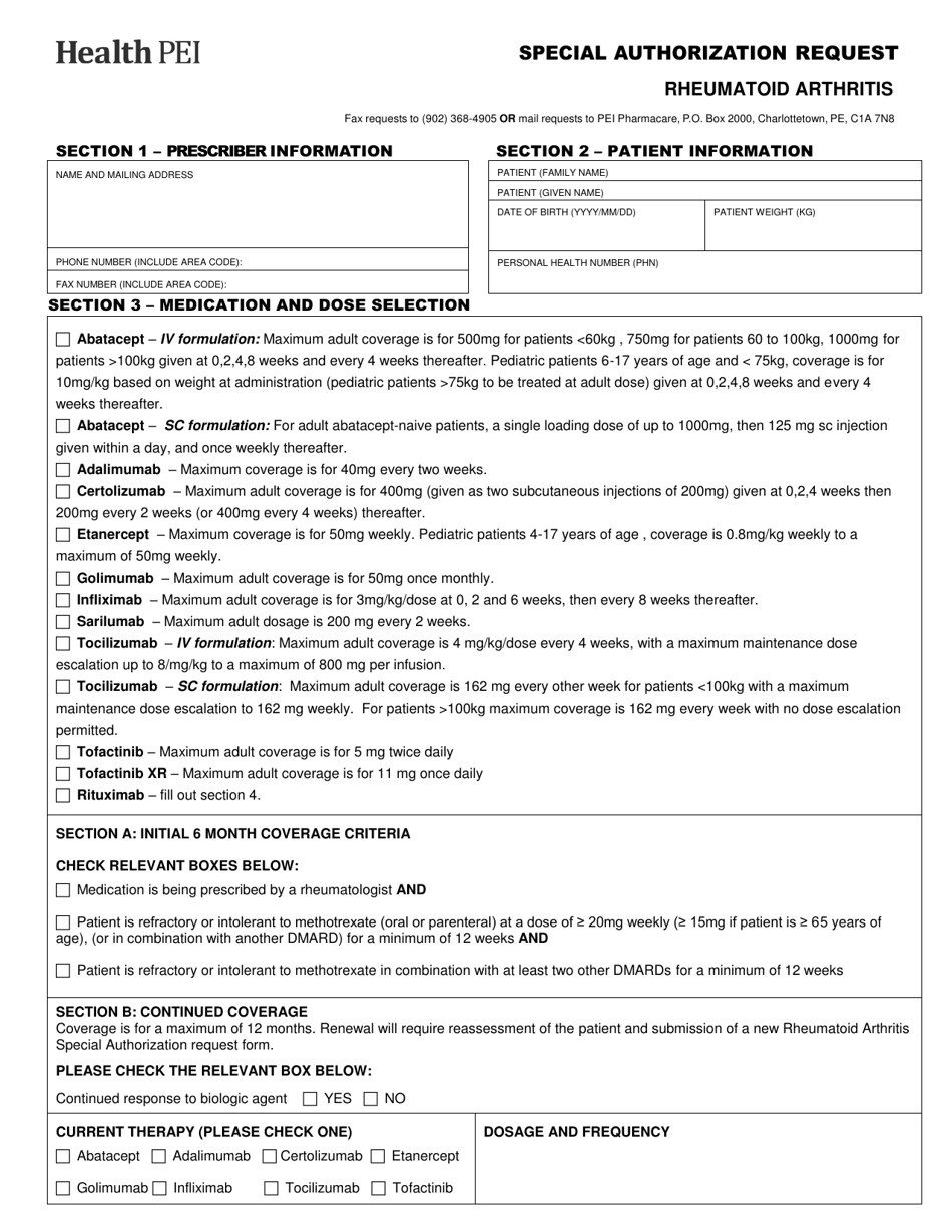 Special Authorization Request - Rheumatoid Arthritis - Prince Edward Island, Canada, Page 1