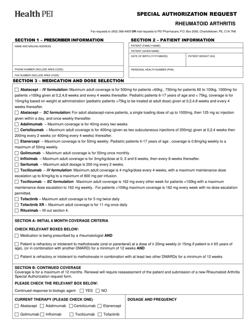 Special Authorization Request - Rheumatoid Arthritis - Prince Edward Island, Canada Download Pdf