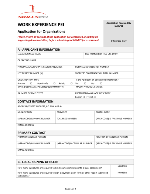 Application for Organizations - Work Experience Pei - Prince Edward Island, Canada Download Pdf