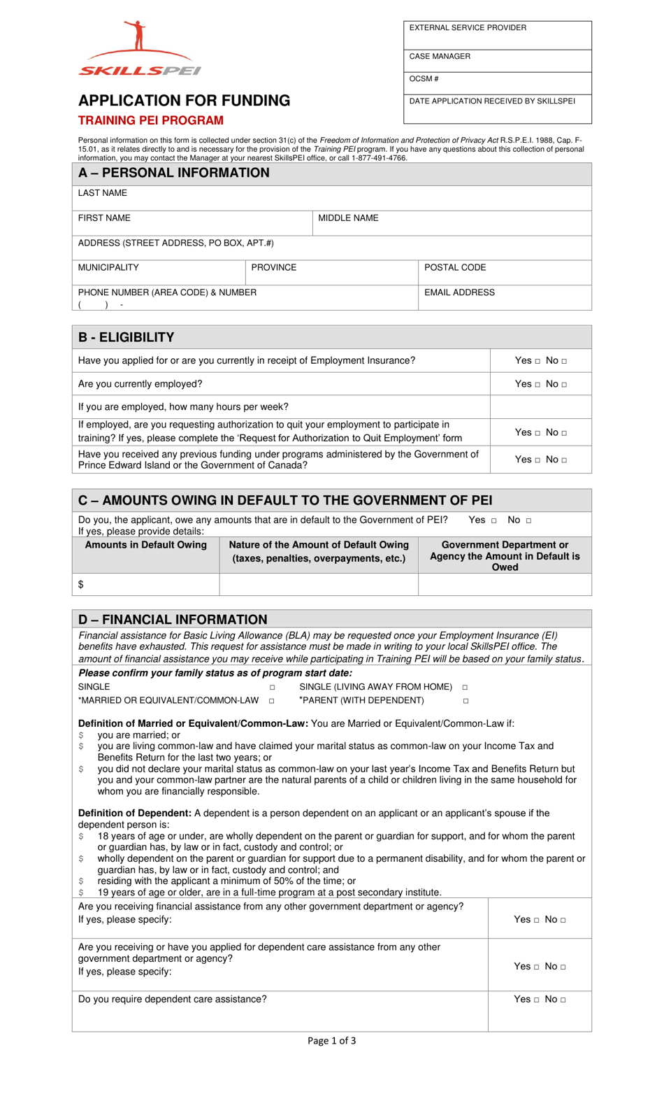 Application for Funding - Training Pei Program - Prince Edward Island, Canada, Page 1