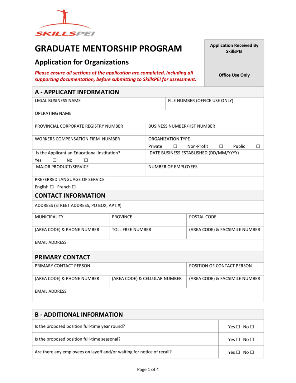 Application for Organizations - Graduate Mentorship Program - Prince Edward Island, Canada, Page 1