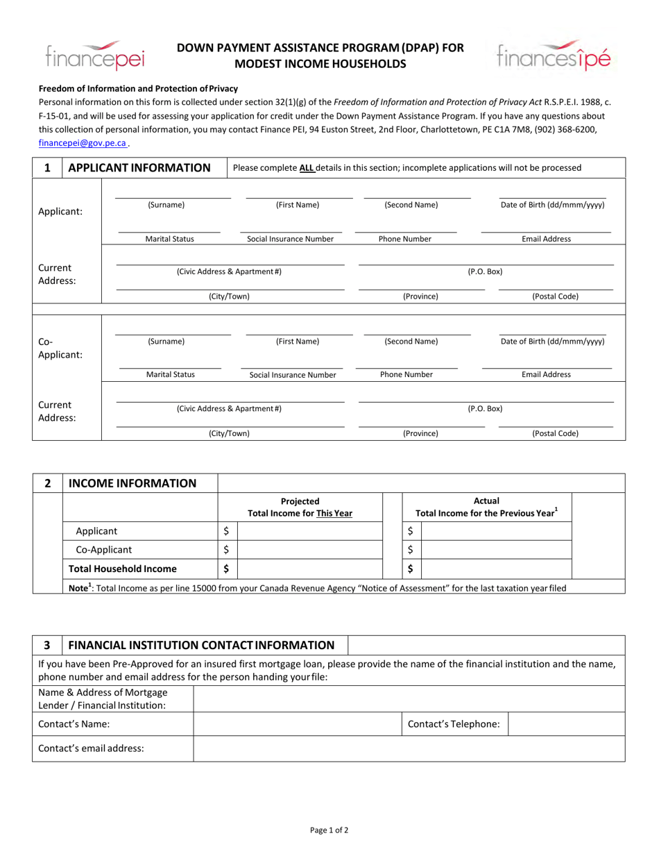 Down Payment Assistance Program (Dpap) for Modest Income Households - Prince Edward Island, Canada, Page 1