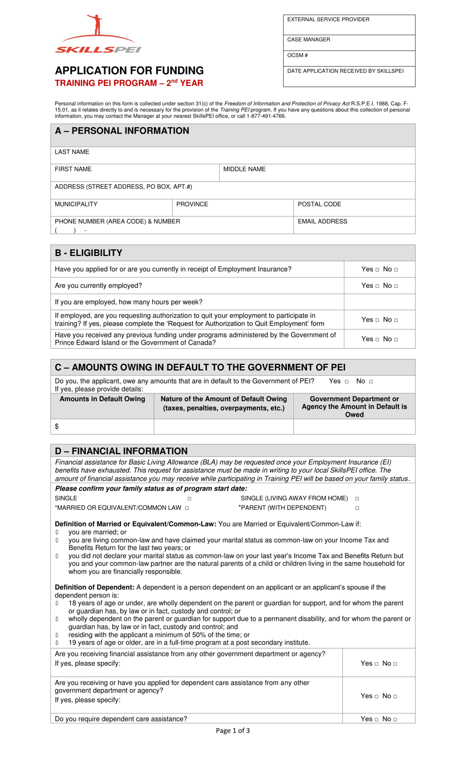Application for Funding - Training Pei Program - 2nd Year - Prince Edward Island, Canada, Page 1