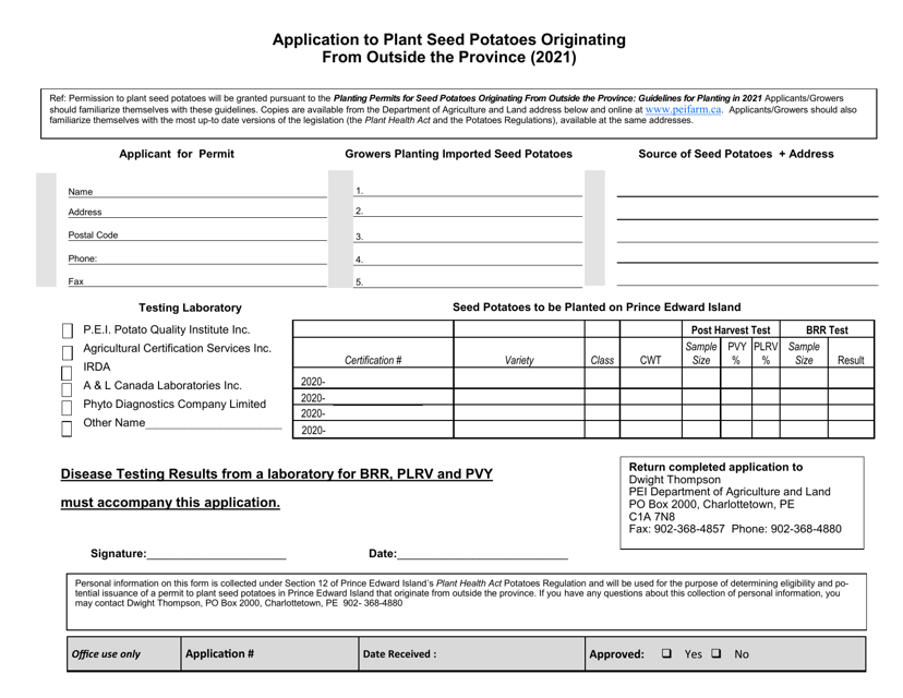 Application to Plant Seed Potatoes Originating From Outside the Province - Prince Edward Island, Canada Download Pdf