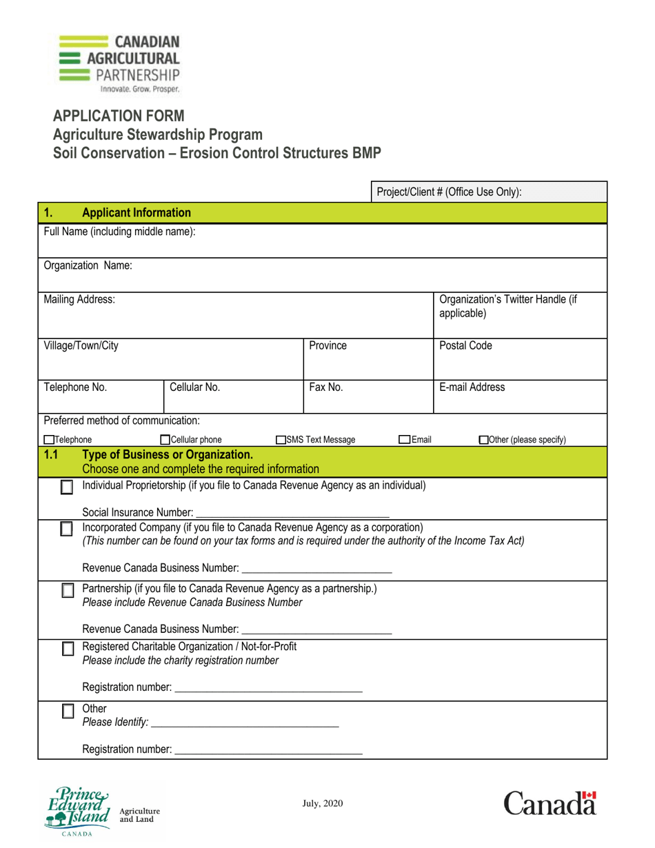 Application Form - Soil Conservation - Erosion Control Structures Bmp - Agriculture Stewardship Program - Prince Edward Island, Canada, Page 1