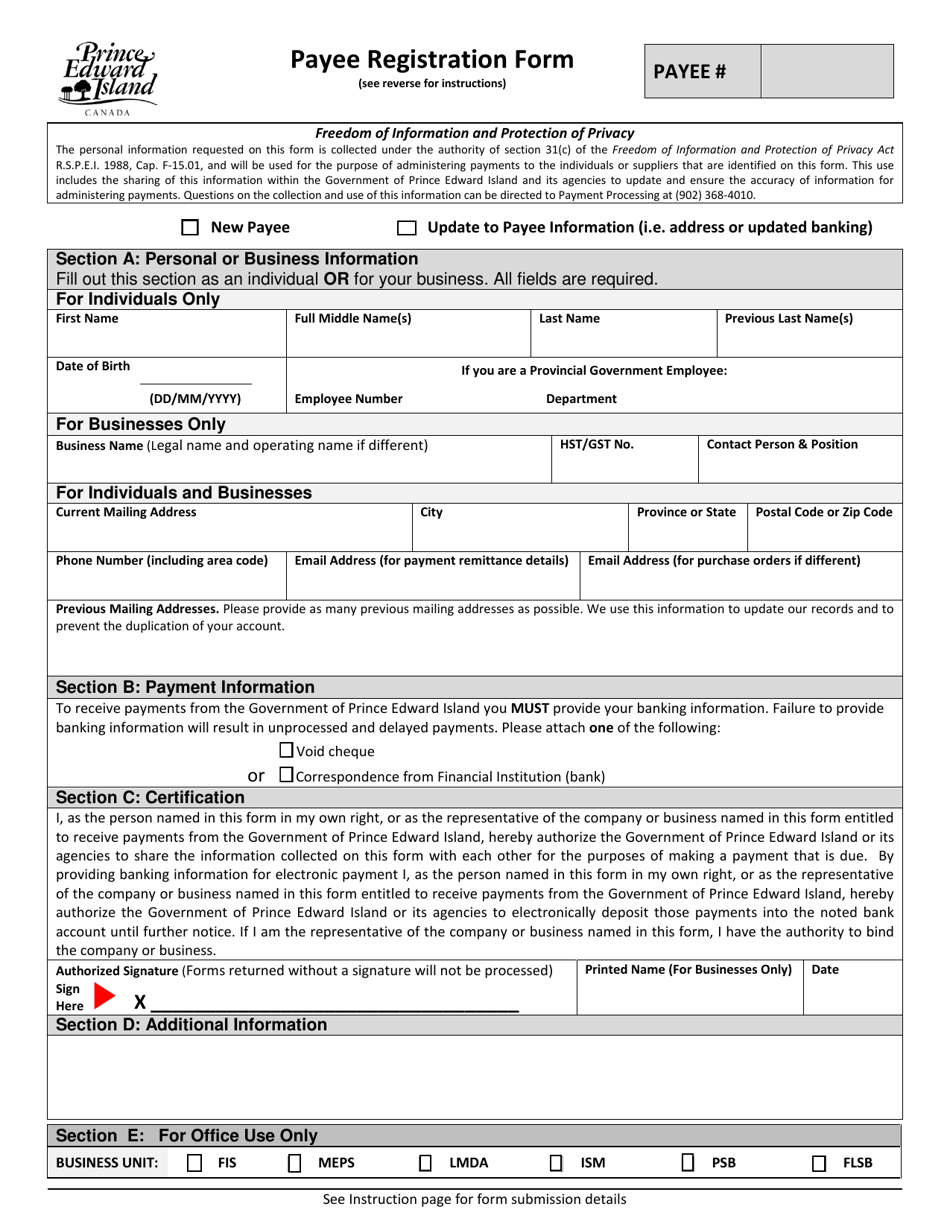 Payee Registration Form - Pei Home Renovation Programs - Prince Edward Island, Canada, Page 1