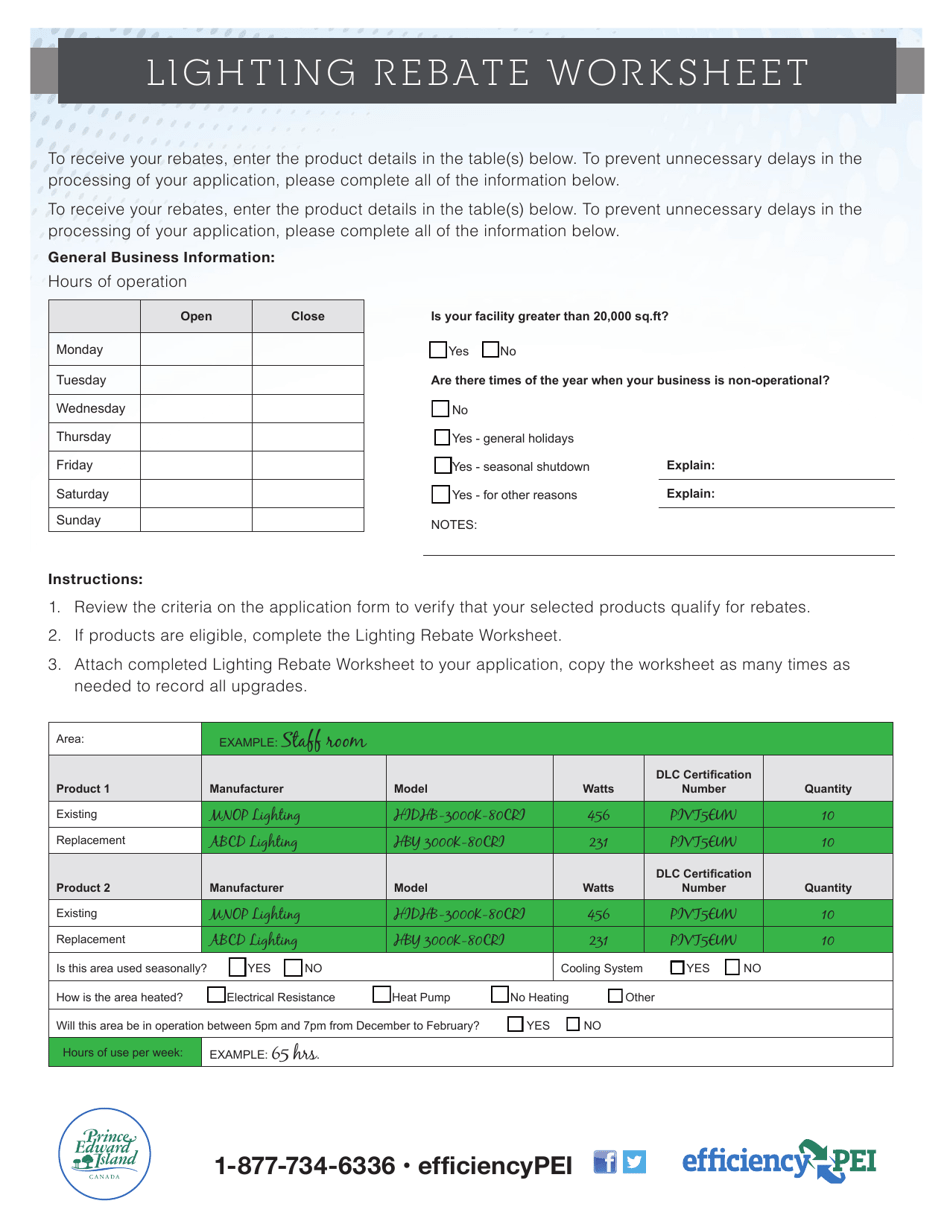 Form DG-809 Lighting Rebate Worksheet - Prince Edward Island, Canada, Page 1