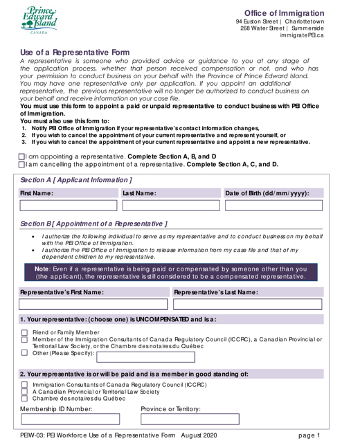 Form PEIW-03 Pei Workforce Use of a Representative Form - Prince Edward Island, Canada