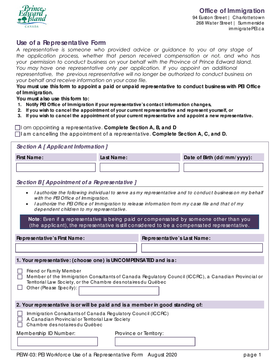 Form PEIW-03 Pei Workforce Use of a Representative Form - Prince Edward Island, Canada, Page 1