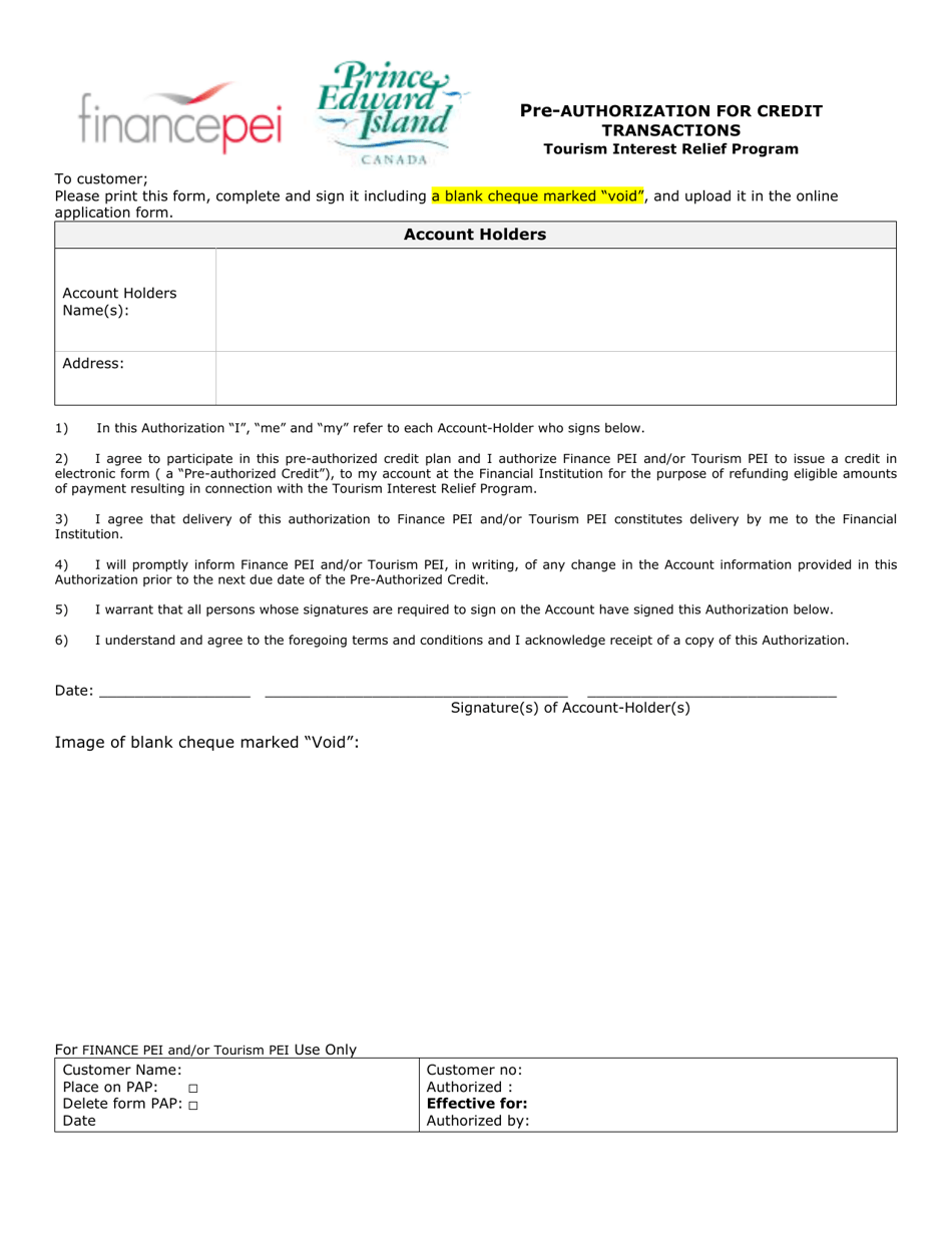 Pre-authorization for Credit Transactions - Tourism Interest Relief Program - Prince Edward Island, Canada, Page 1