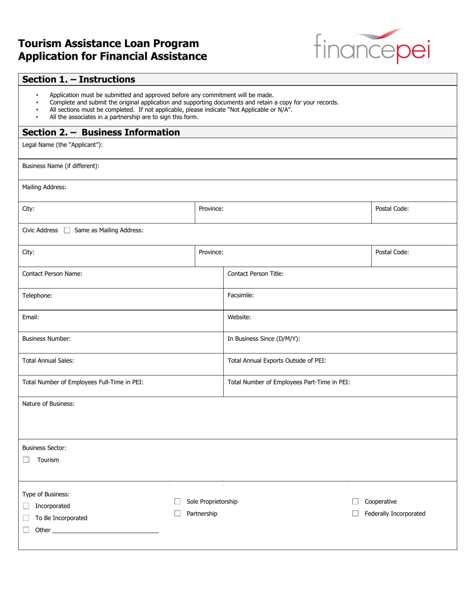 Application for Financial Assistance - Tourism Assistance Loan Program - Prince Edward Island, Canada, Page 1