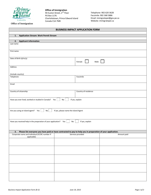 Form B-3 Business Impact Application Form - Prince Edward Island, Canada