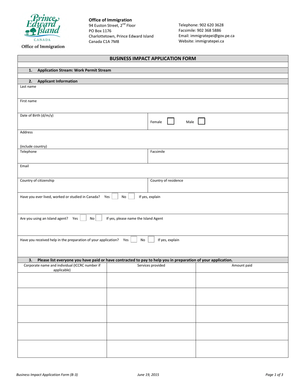 Form B-3 Business Impact Application Form - Prince Edward Island, Canada, Page 1