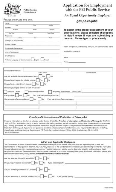 Form 14PS15-39062 Application for Employment With the Pei Public Service - Prince Edward Island, Canada