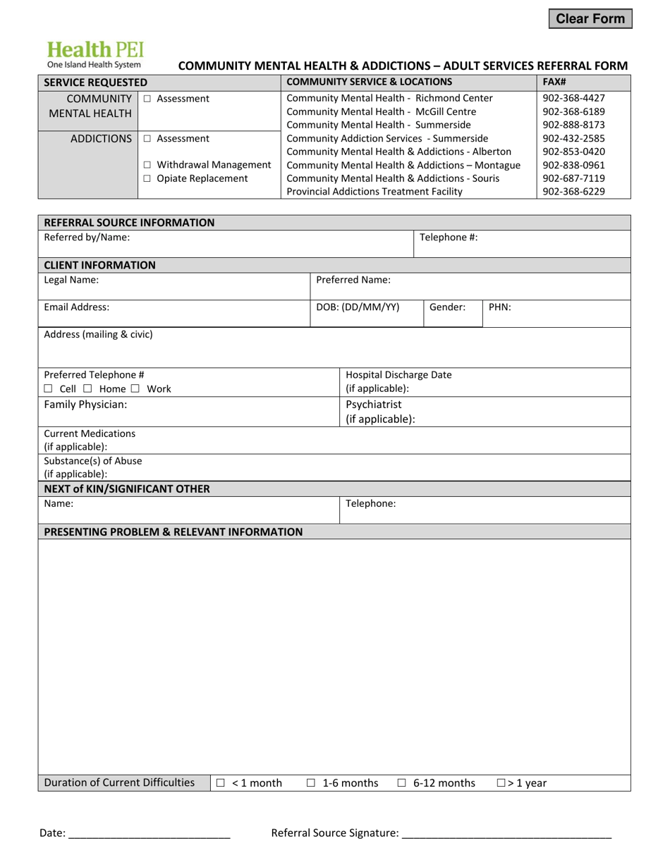 Community Mental Health  Addictions - Adult Services Referral Form - Prince Edward Island, Canada, Page 1