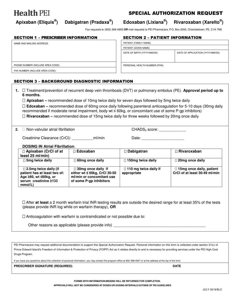 Special Authorization Request Form - Apixaban, Dabigatran, Edoxaban, Rivaroxaban - Prince Edward Island, Canada, Page 1