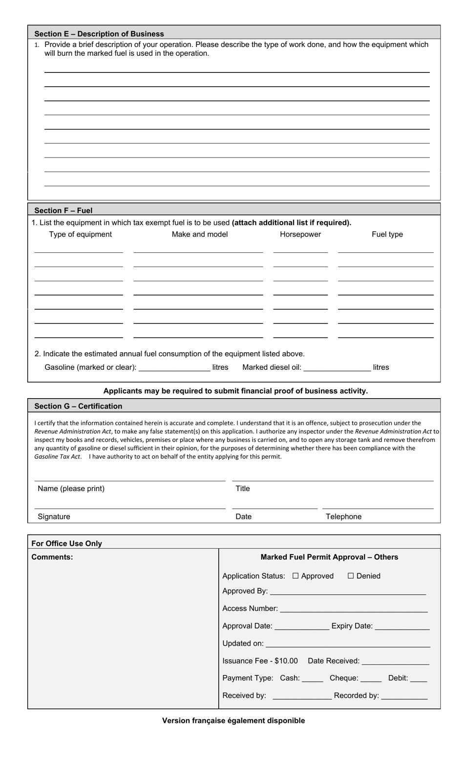 Application for Marked Gasoline and / or Marked Diesel Oil Permit for Operations Other Than Aquaculturists, Custom Agricultural Contractors, Farmers or Fishers - Prince Edward Island, Canada, Page 2