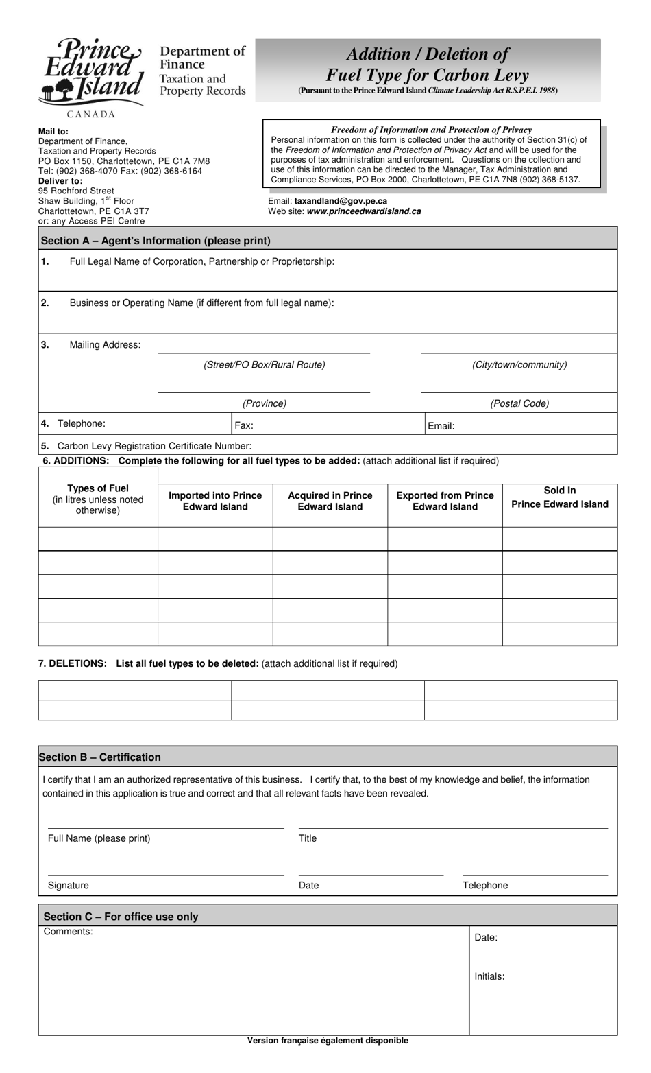 Addition / Deletion of Fuel Type for Carbon Levy - Prince Edward Island, Canada, Page 1