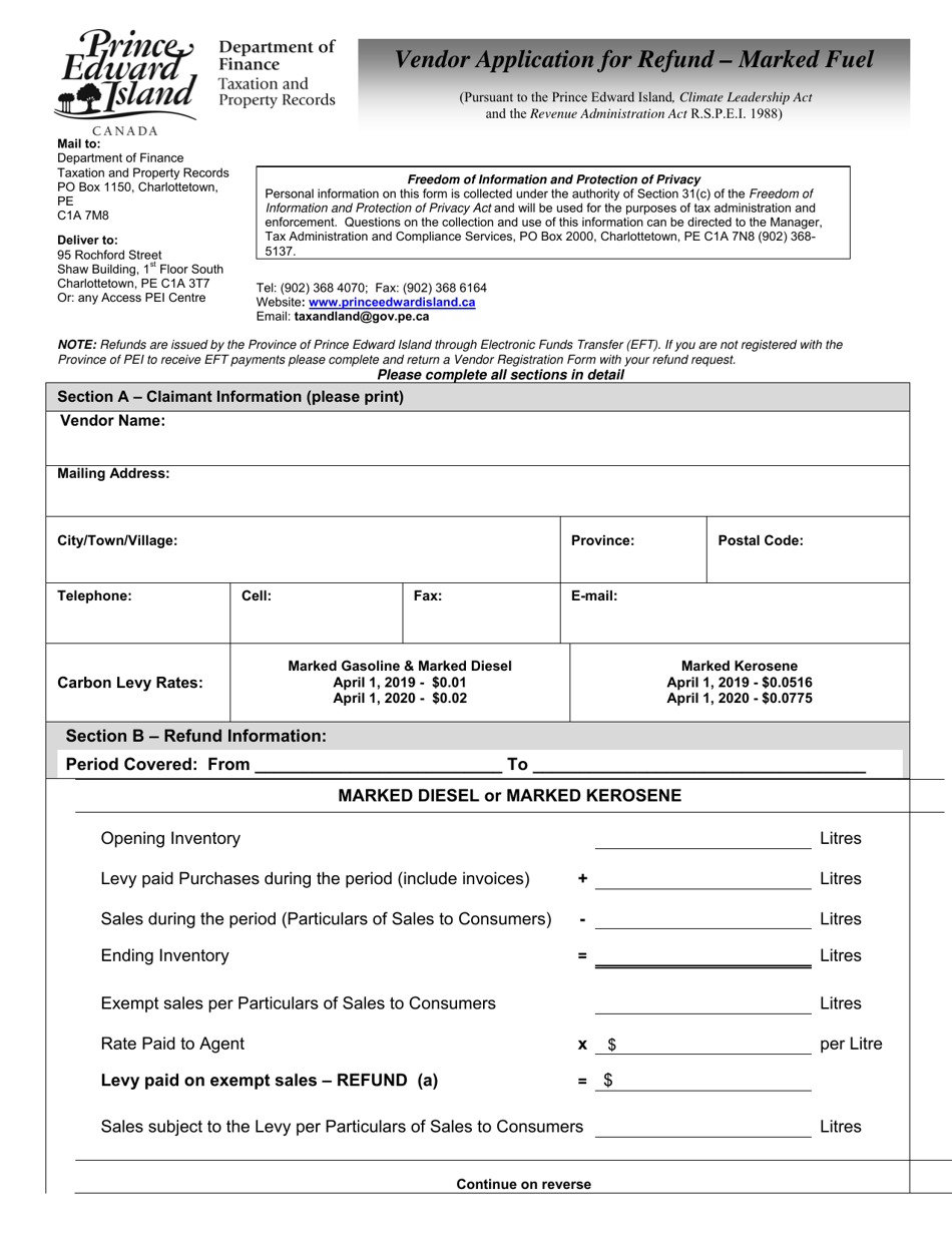 Vendor Application for Refund - Marked Fuel - Prince Edward Island, Canada, Page 1