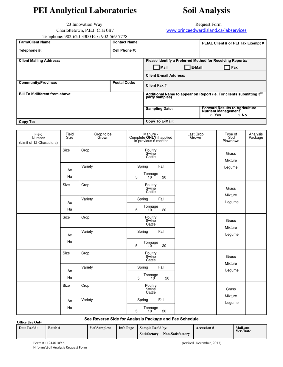 Form 112140109B Soil Analysis Request Form - Prince Edward Island, Canada, Page 1