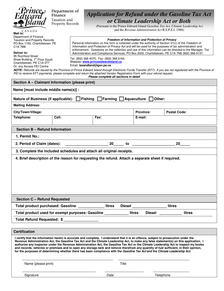 Application for Refund Under the Gasoline Tax Act or Climate Leadership Act or Both - Prince Edward Island, Canada, Page 1