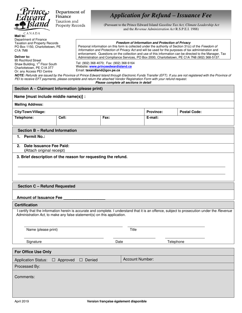 Application for Refund - Issuance Fee - Prince Edward Island, Canada, Page 1
