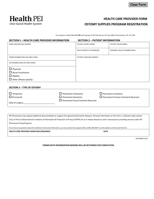 Health Care Provider Form - Ostomy Supplies Program Registration - Prince Edward Island, Canada Download Pdf