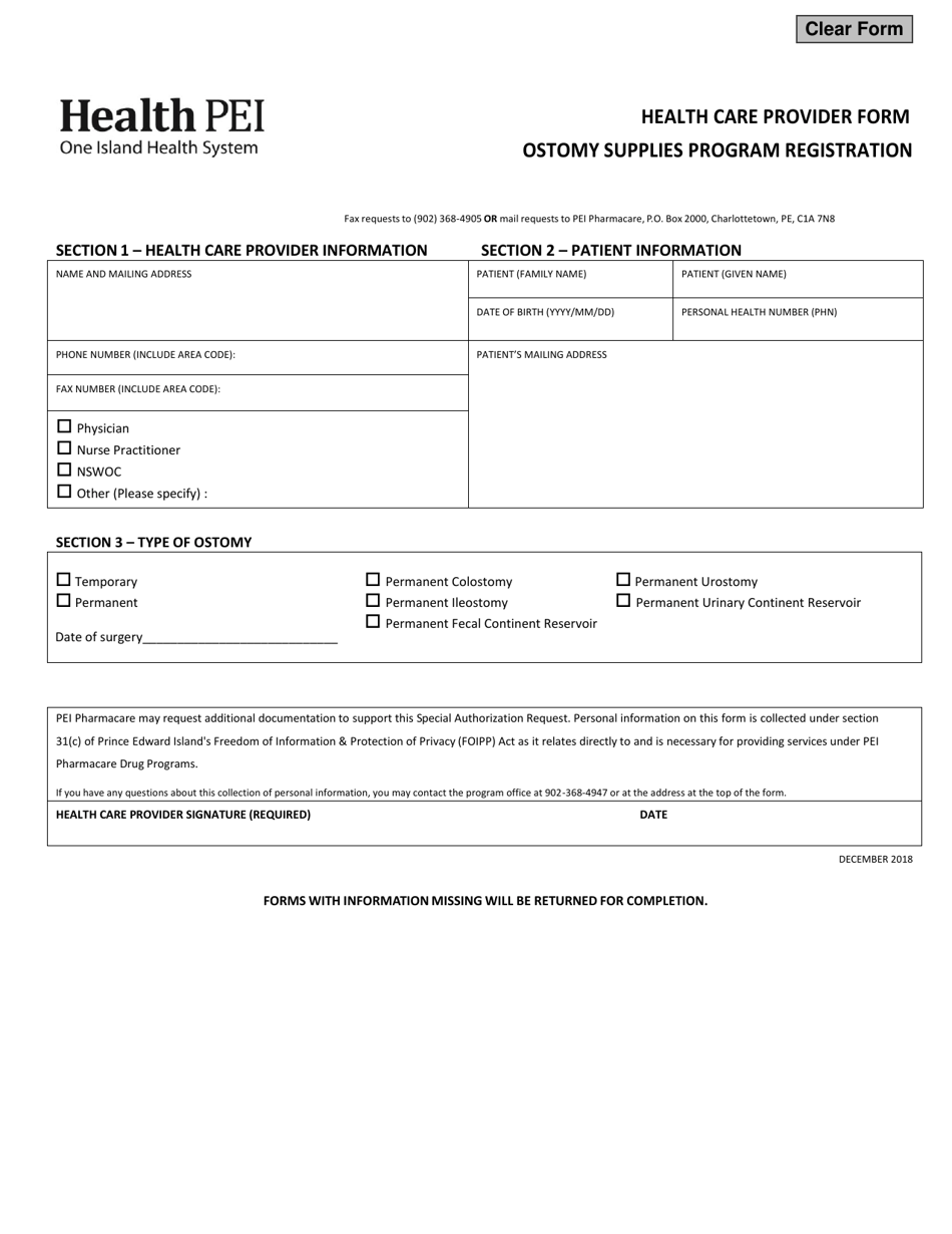 Health Care Provider Form - Ostomy Supplies Program Registration - Prince Edward Island, Canada, Page 1
