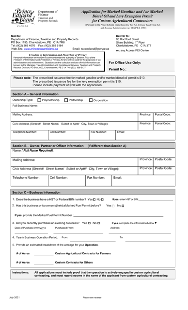 Application for Marked Gasoline and / or Marked Diesel Oil and Levy Exemption Permit for Custom Agricultural Contractors - Prince Edward Island, Canada Download Pdf