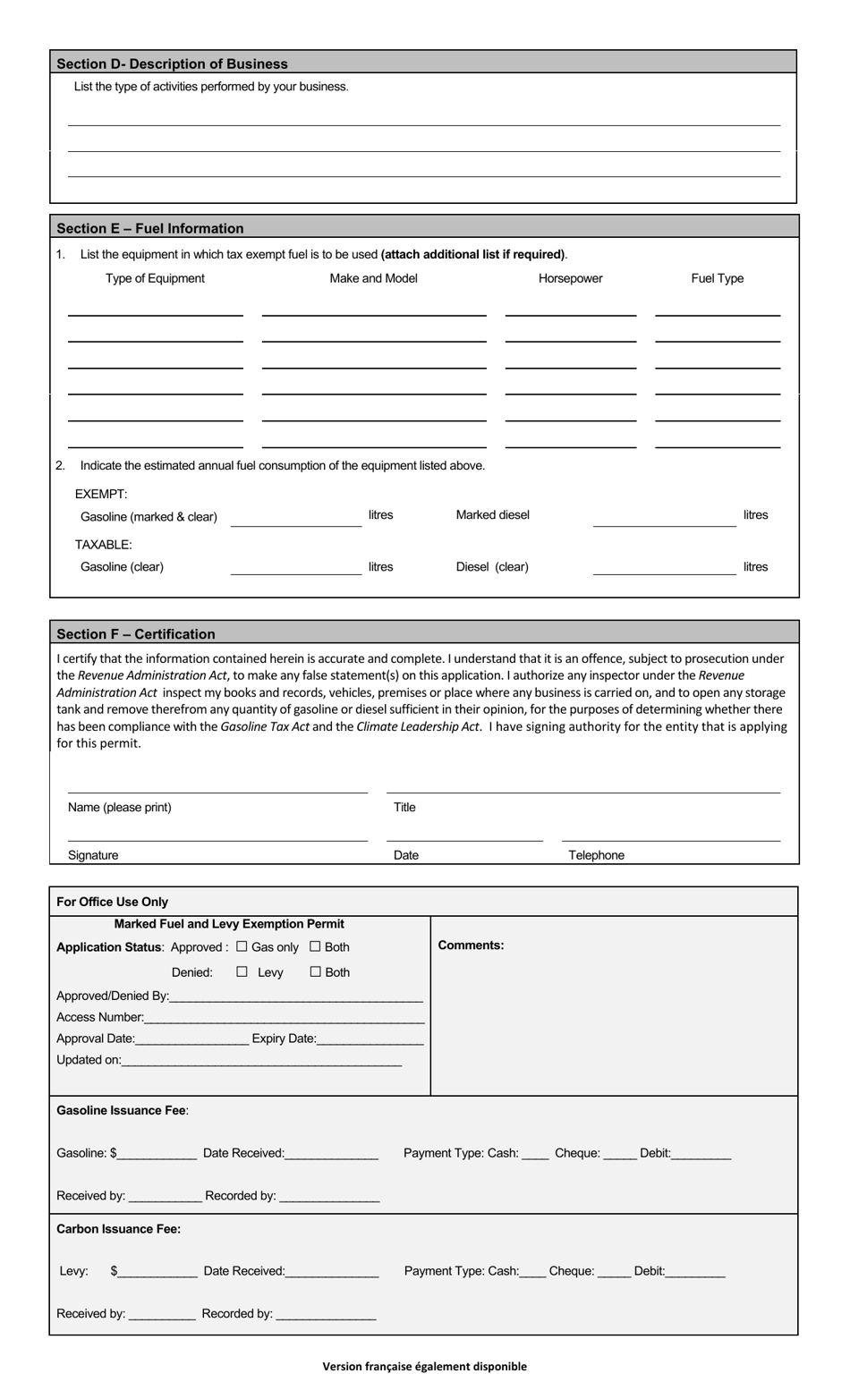 Application for Marked Gasoline and / or Marked Diesel Oil and Levy Exemption Permit for Custom Agricultural Contractors - Prince Edward Island, Canada, Page 2