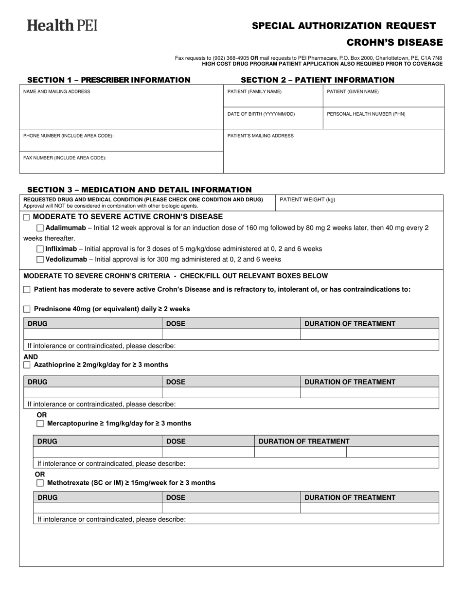 Special Authorization Request - Crohns Disease - Prince Edward Island, Canada, Page 1