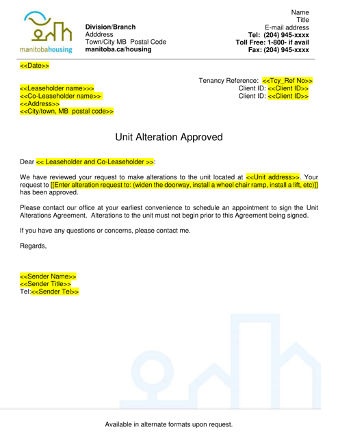 Unit Alterations Letter - Approved - Manitoba, Canada Download Pdf