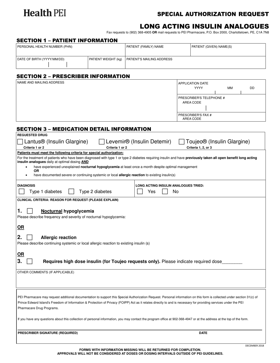 Special Authorization Request - Long Acting Insulin Analogues - Prince Edward Island, Canada, Page 1