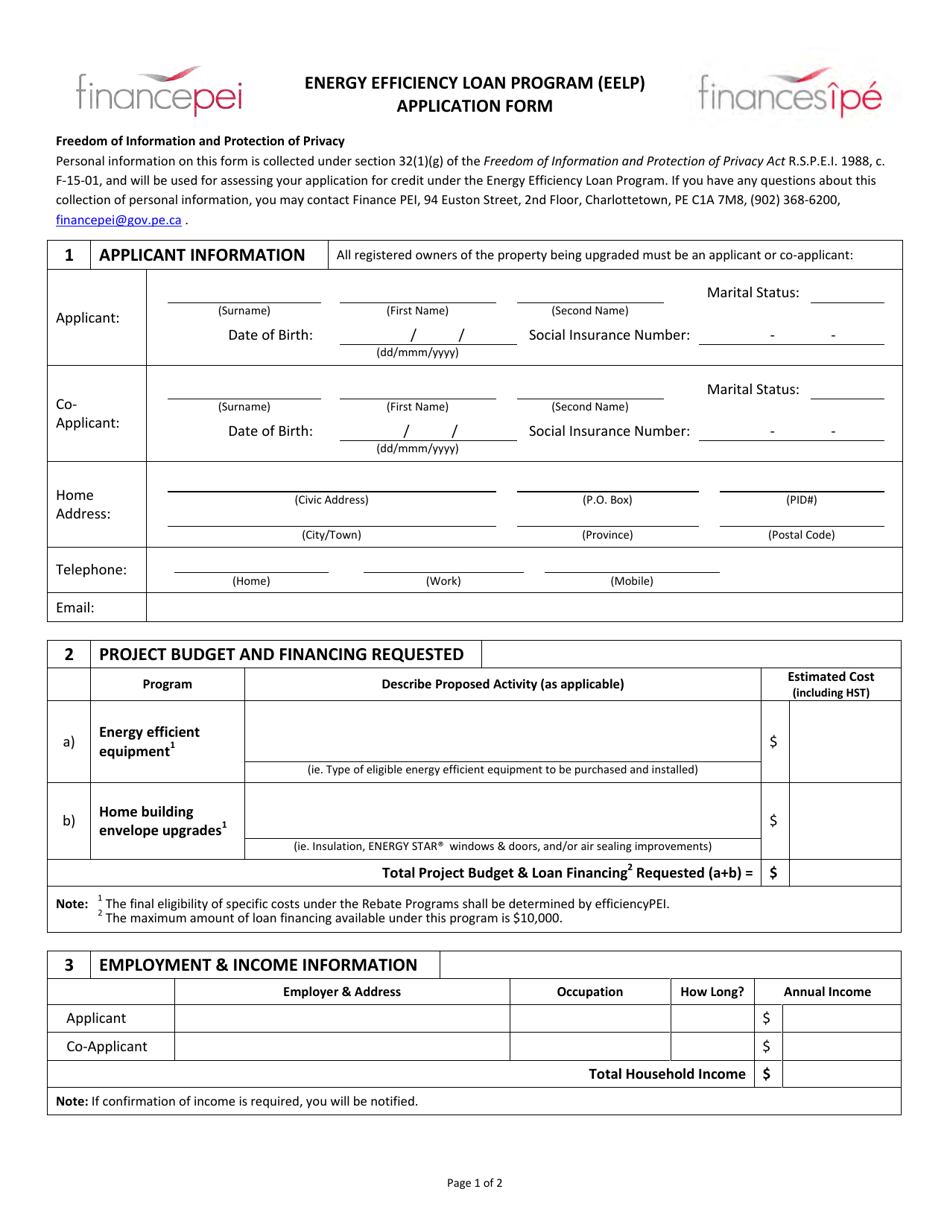 Energy Efficiency Loan Program (Eelp) Application Form - Prince Edward Island, Canada, Page 1