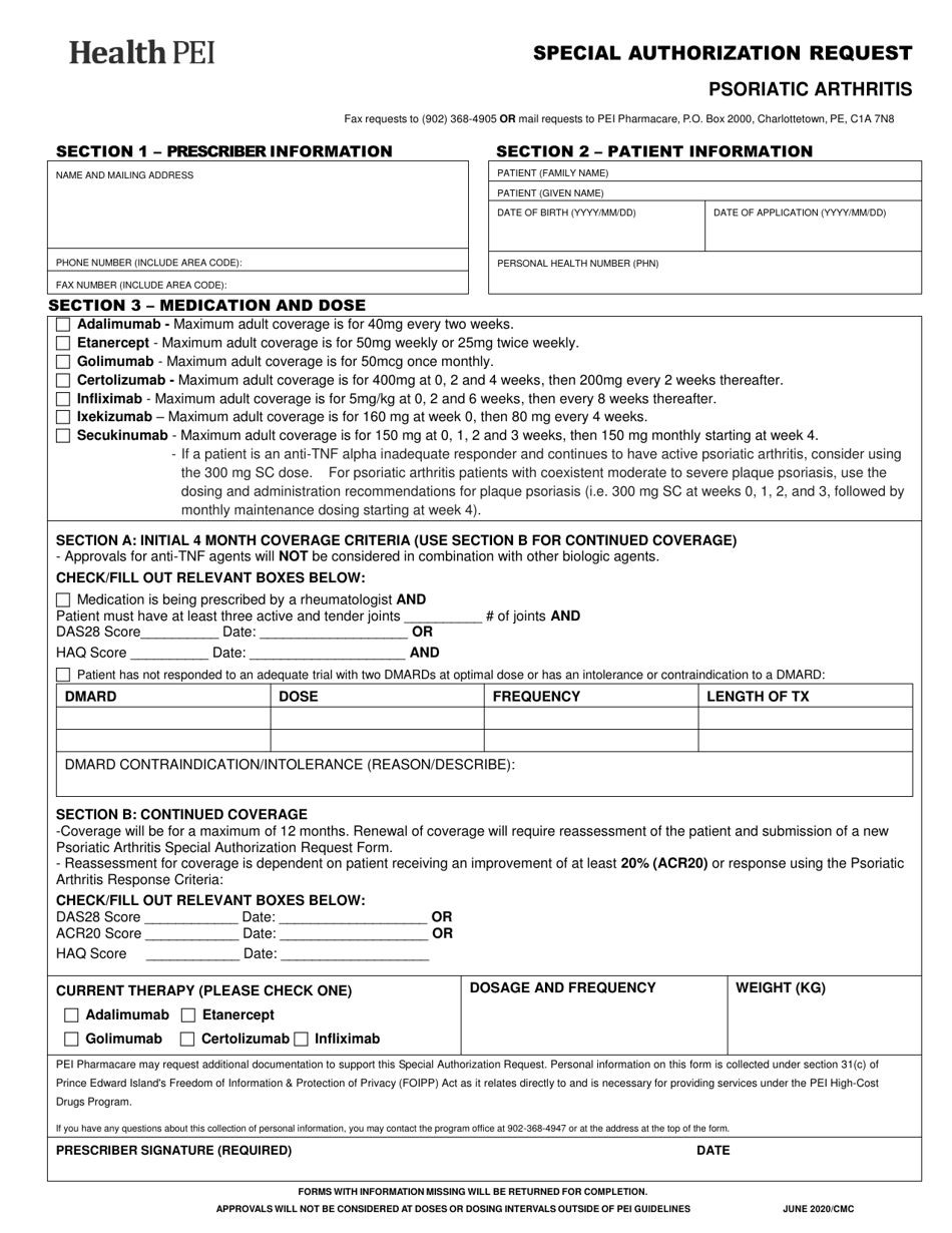 Special Authorization Request - Psoriatic Arthritis - Prince Edward Island, Canada, Page 1