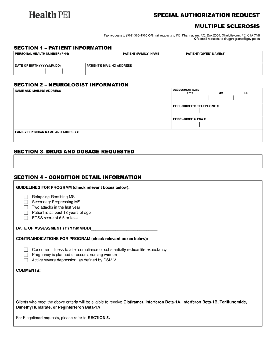 Special Authorization Request - Multiple Sclerosis - Prince Edward Island, Canada, Page 1