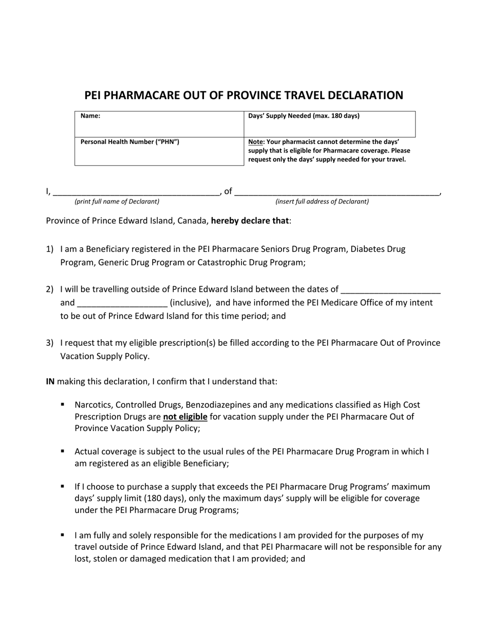 Pei Pharmacare out of Province Travel Declaration - Prince Edward Island, Canada, Page 1