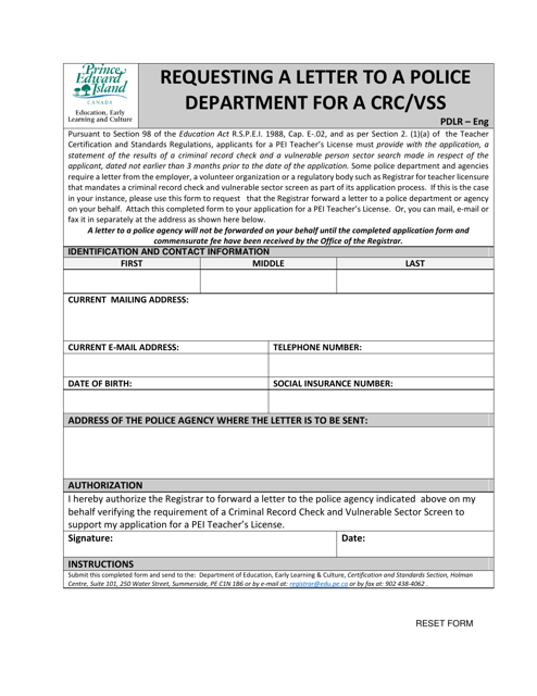 Requesting a Letter to a Police Department for a Crc / Vss - Prince Edward Island, Canada Download Pdf