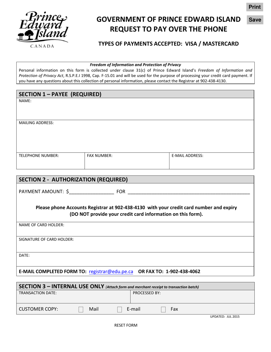 Request to Pay Over the Phone - Prince Edward Island, Canada, Page 1