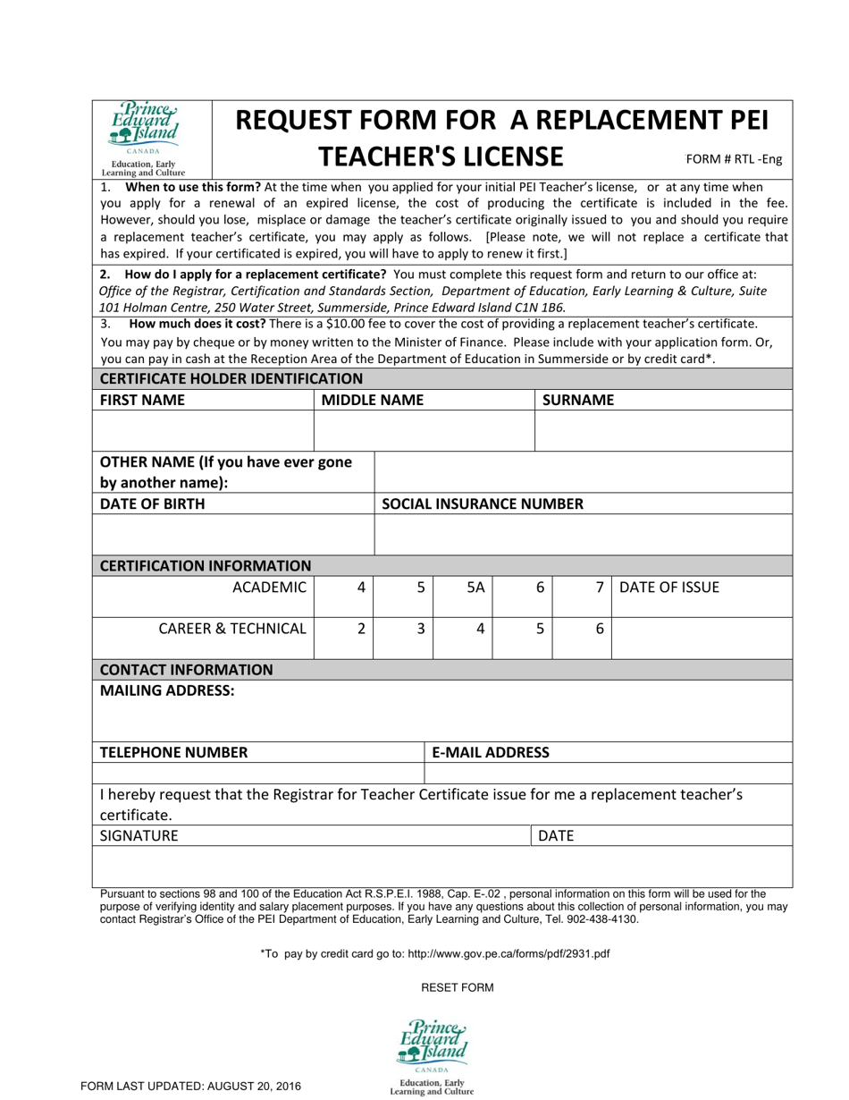 Form RTL -ENG Request Form for a Replacement Pei Teachers License - Prince Edward Island, Canada, Page 1