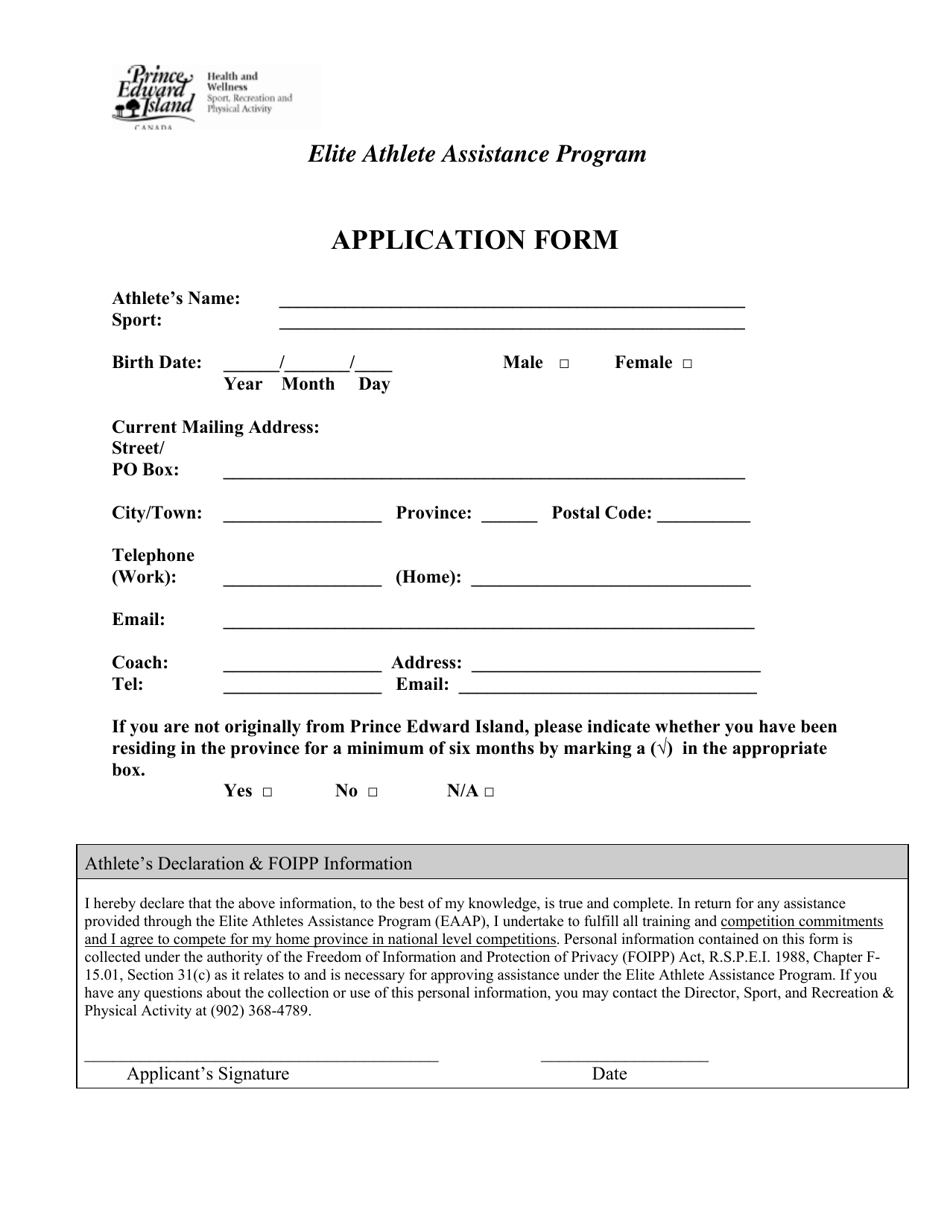 Elite Athlete Assistance Program Application Form  Waiver - Prince Edward Island, Canada, Page 1