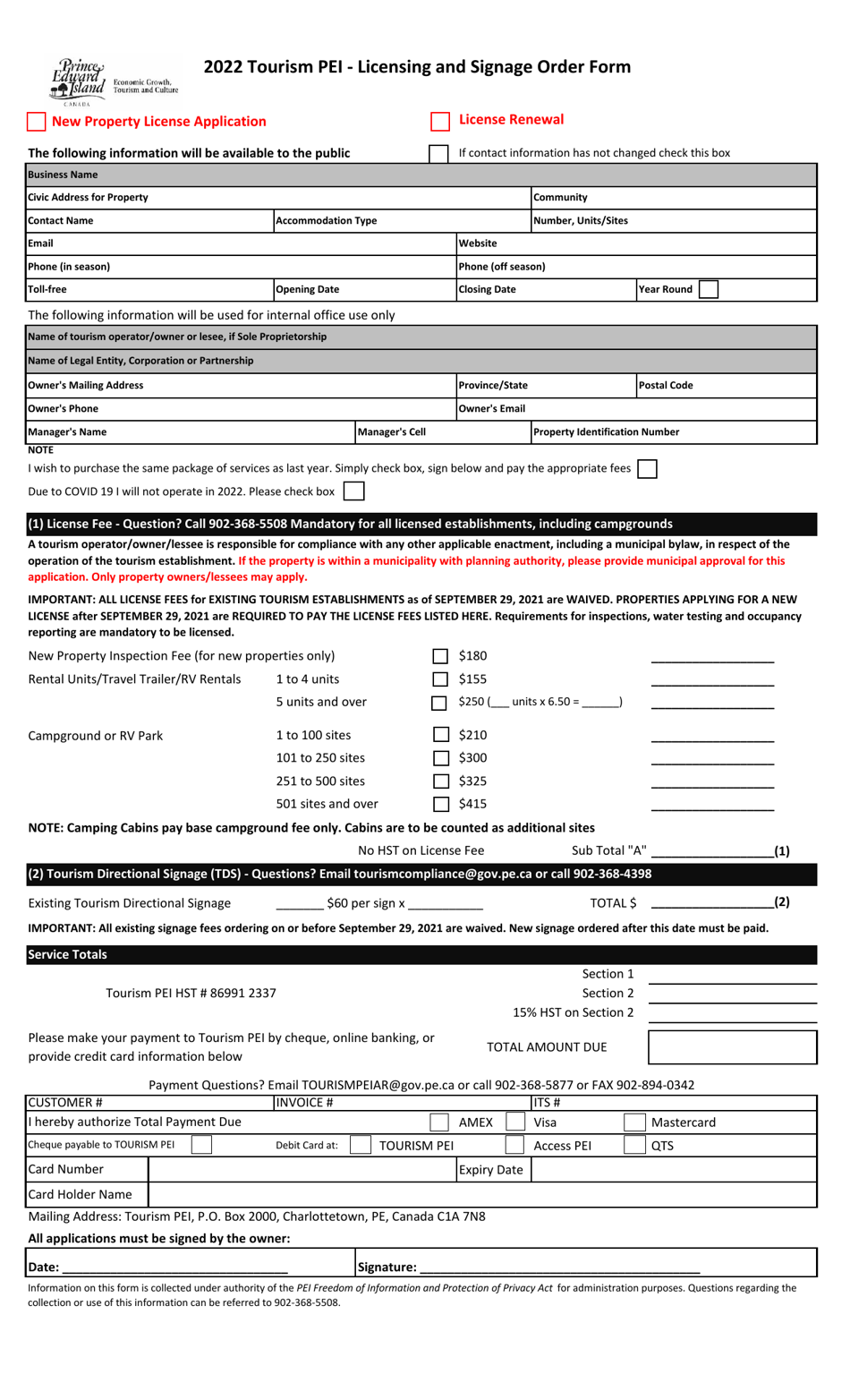 Tourism Pei - Licensing and Signage Order Form - Prince Edward Island, Canada, Page 1