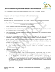 Form FOR-63 Certificate of Independent Tender Determination - Sample - Manitoba, Canada
