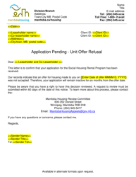 Document preview: Application Pending Letter - Unit Offer Refusal - Manitoba, Canada