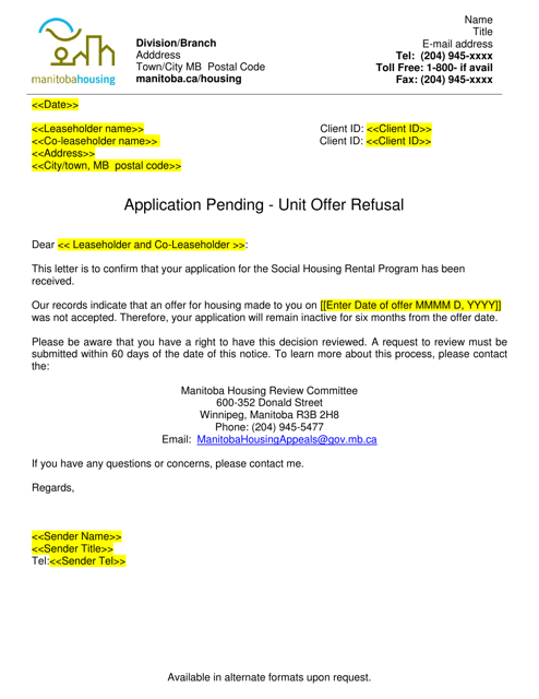 Application Pending Letter - Unit Offer Refusal - Manitoba, Canada Download Pdf