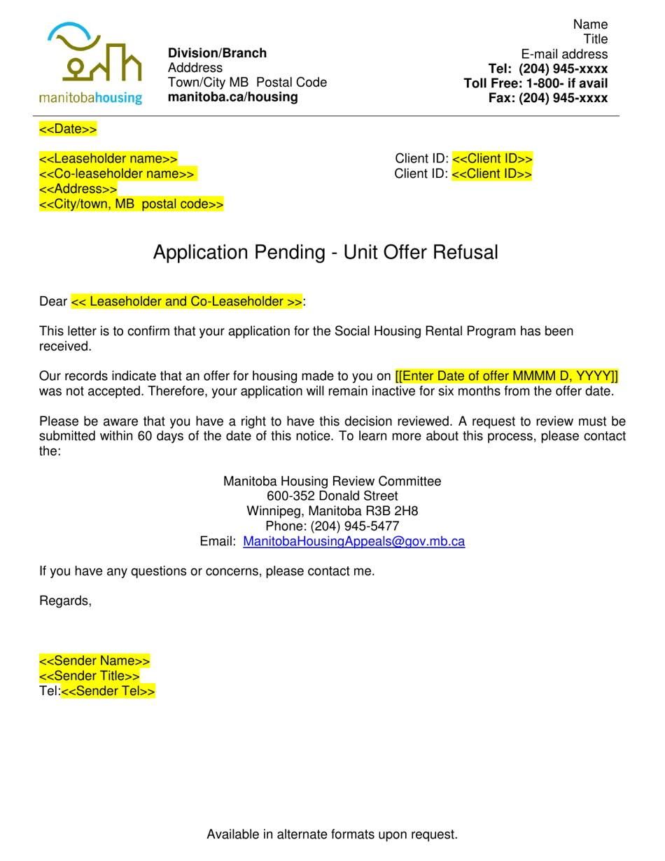 Application Pending Letter - Unit Offer Refusal - Manitoba, Canada, Page 1