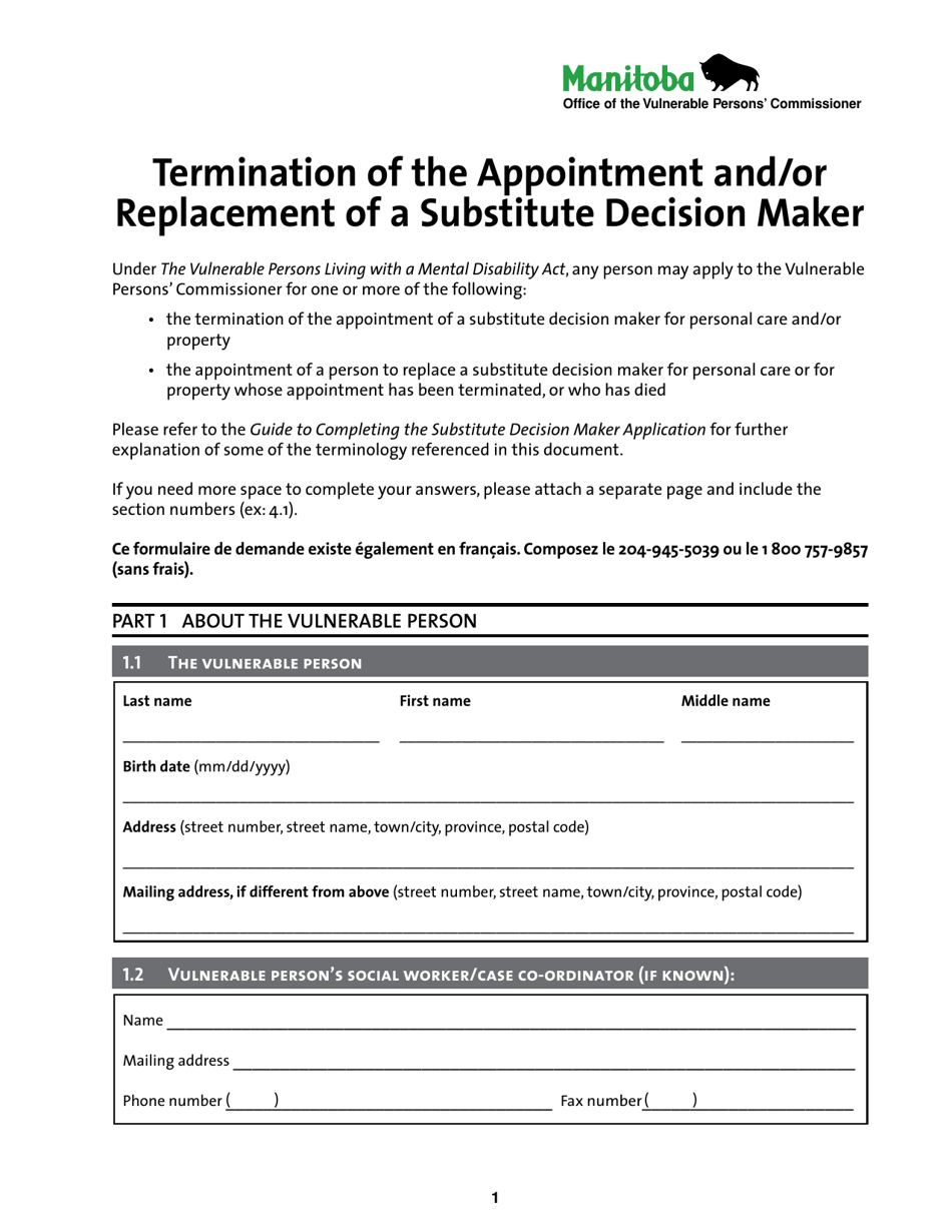 Termination of the Appointment and / or Replacement of a Substitute Decision Maker - Manitoba, Canada, Page 1