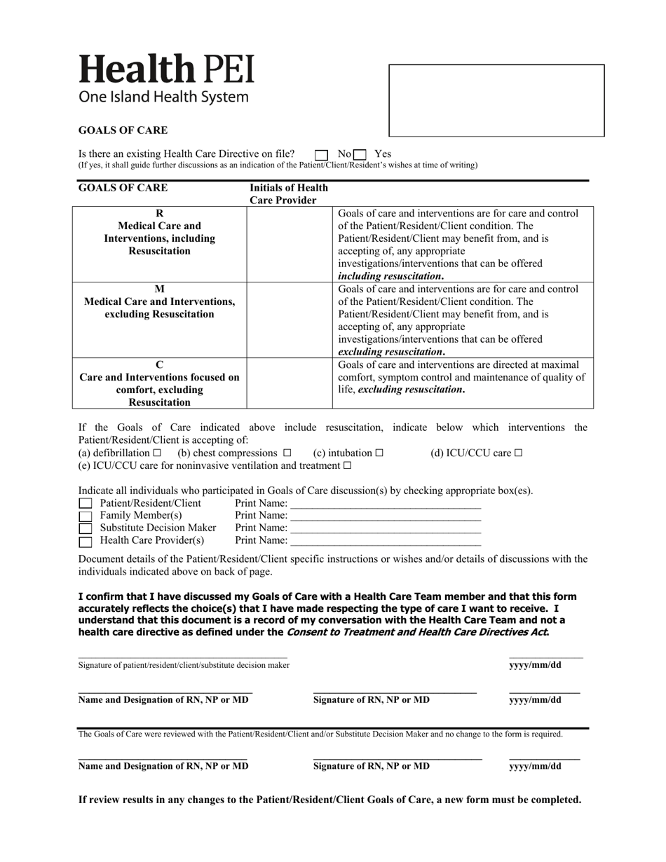 Goals of Care Form - Prince Edward Island, Canada, Page 1