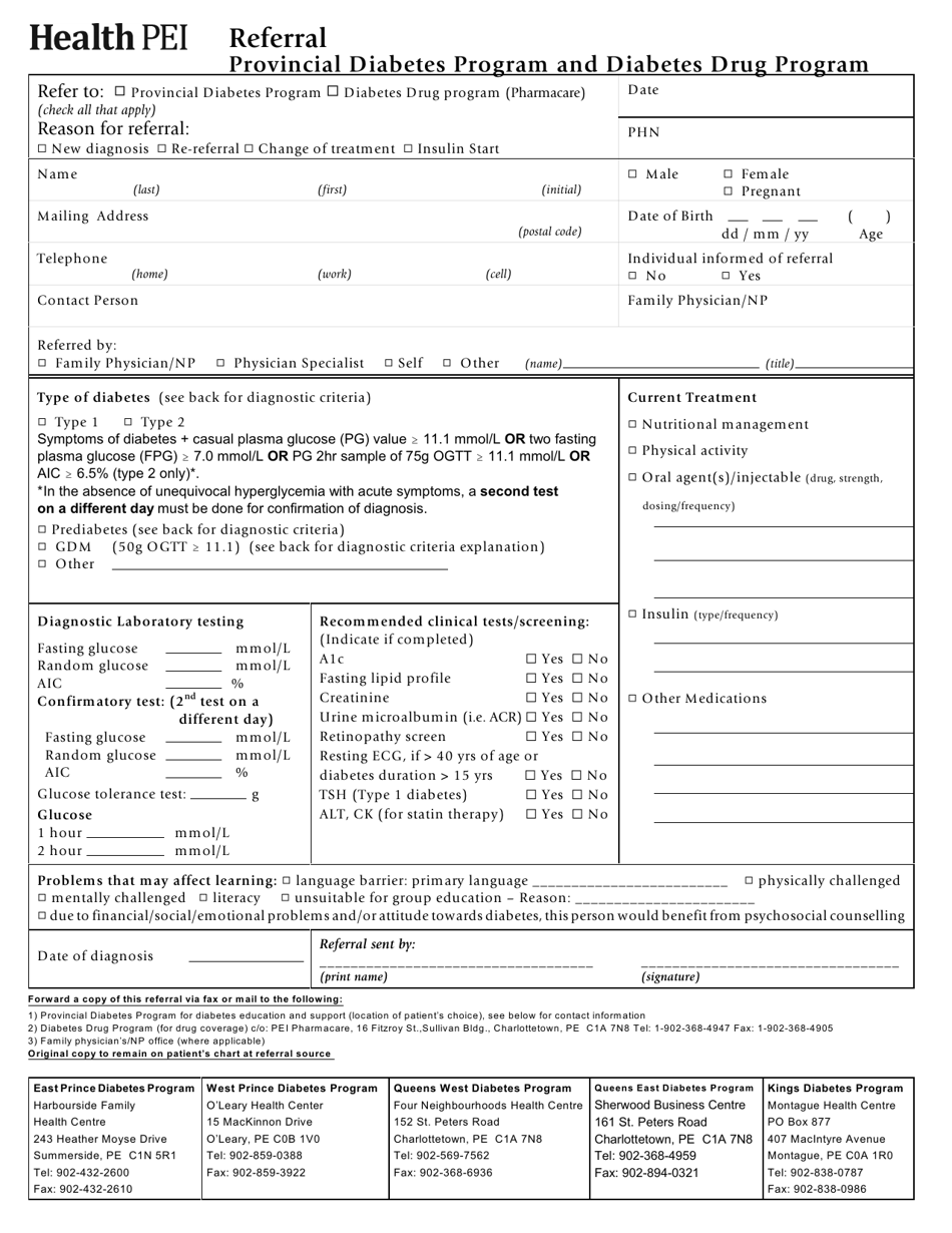 Form 16HPE15-45302 Provincial Diabetes Program and Diabetes Drug Program Referral - Prince Edward Island, Canada, Page 1